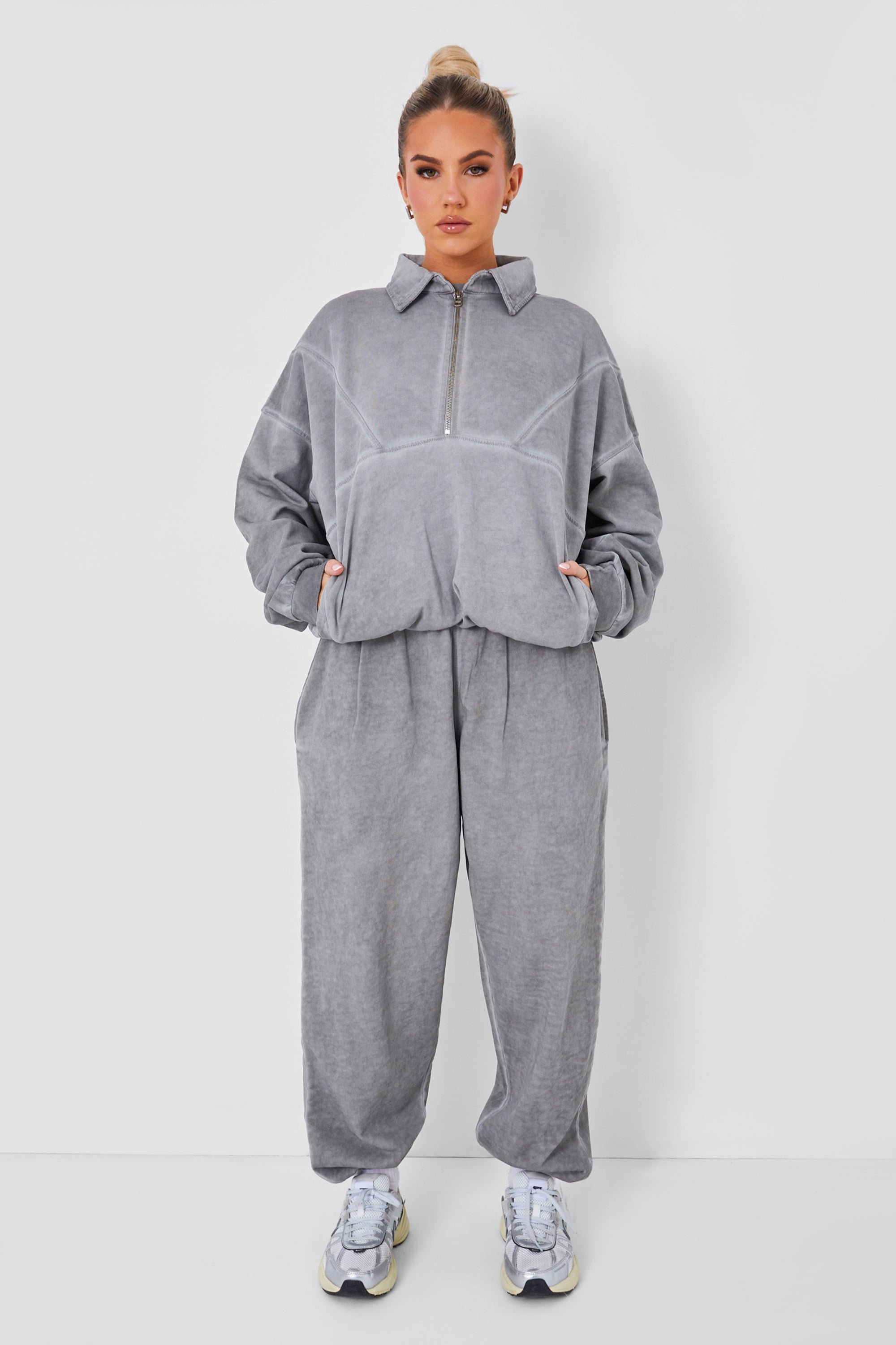 Half Zip Oversized Sweatshirt Co-ord Washed Grey