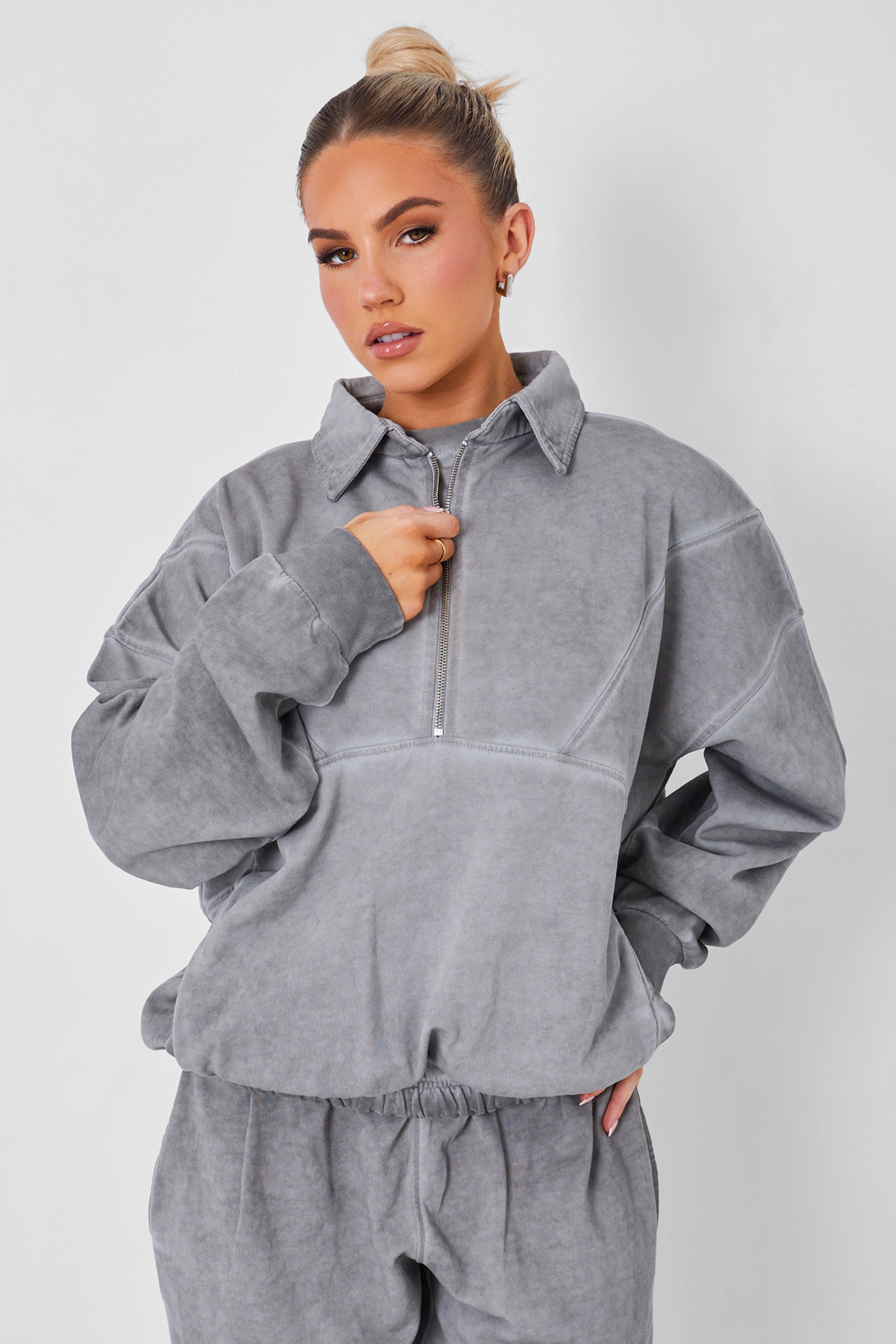 Half Zip Oversized Sweatshirt Co-ord Washed Grey
