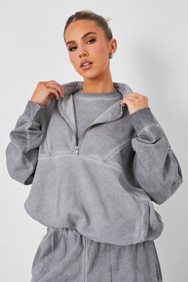 Half Zip Oversized Sweatshirt Co-ord Washed Grey