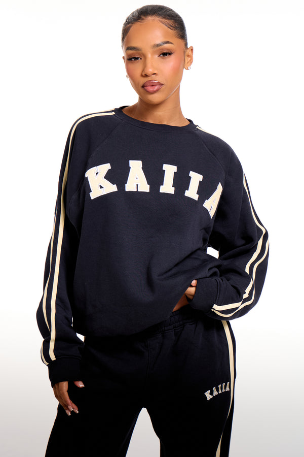 Kaiia Slogan Sport Side Stripe Oversized Sweatshirt Ink Blue & Lemon