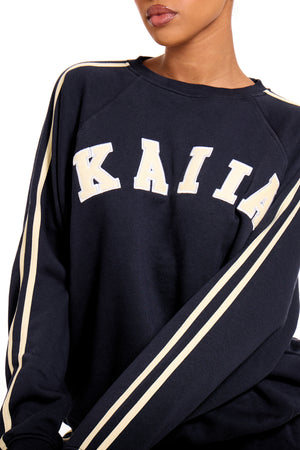 Kaiia Slogan Sport Side Stripe Oversized Sweatshirt Ink Blue & Lemon