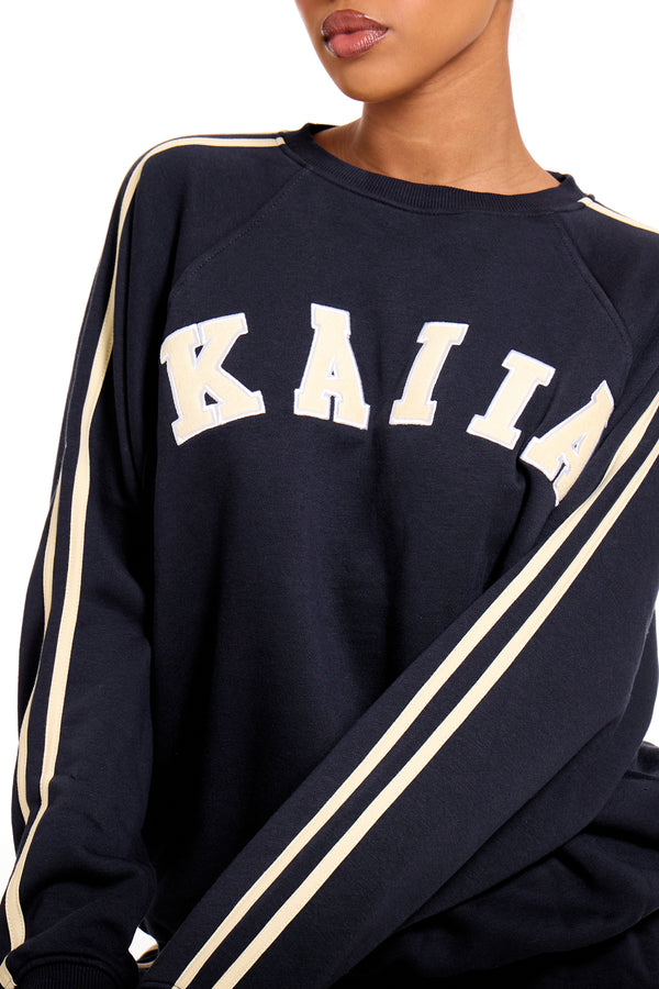 Kaiia Slogan Sport Side Stripe Oversized Sweatshirt Ink Blue & Lemon