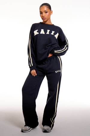 Kaiia Slogan Sport Side Stripe Oversized Sweatshirt Ink Blue & Lemon