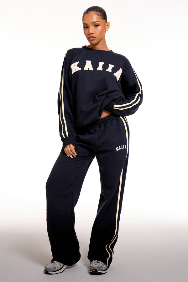 Kaiia Slogan Sport Side Stripe Oversized Sweatshirt Ink Blue & Lemon