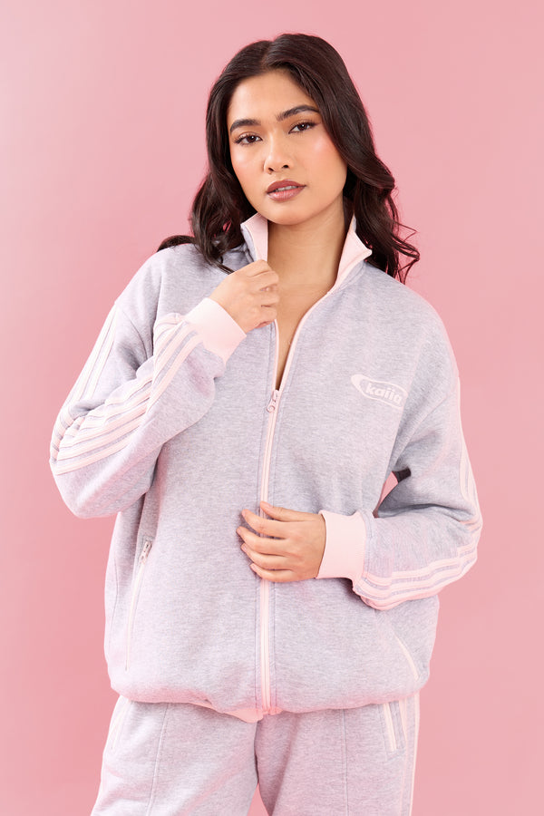 Kaiia Collared Boxy Zip Through Sweatshirt Light Grey Marl & Pink Meringue