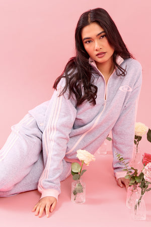 Kaiia Collared Boxy Zip Through Sweatshirt Light Grey Marl & Pink Meringue