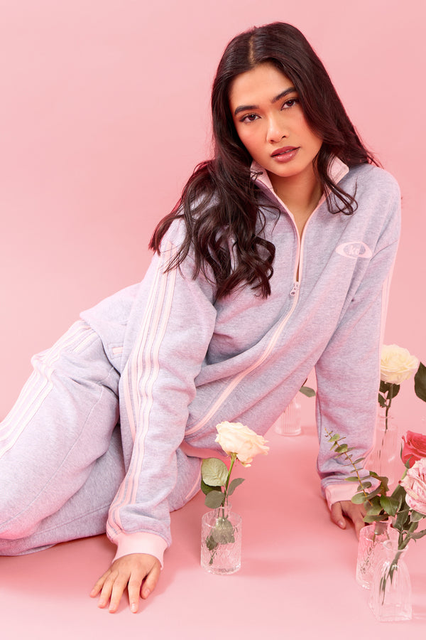 Kaiia Collared Boxy Zip Through Sweatshirt Light Grey Marl & Pink Meringue