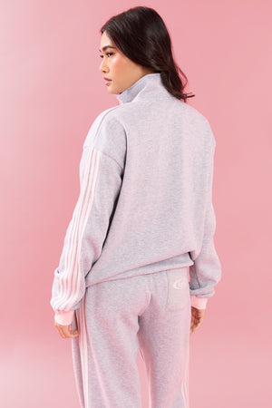 Kaiia Collared Boxy Zip Through Sweatshirt Light Grey Marl & Pink Meringue