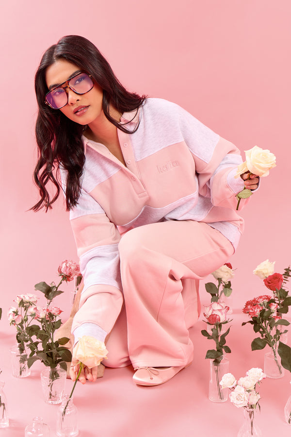 Kaiia Striped Oversized Rugby Sweatshirt Light Grey Marl & Pink Chai