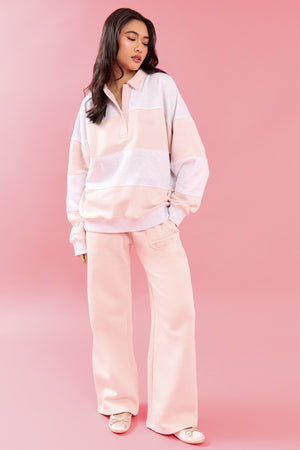 Kaiia Striped Oversized Rugby Sweatshirt Light Grey Marl & Pink Chai