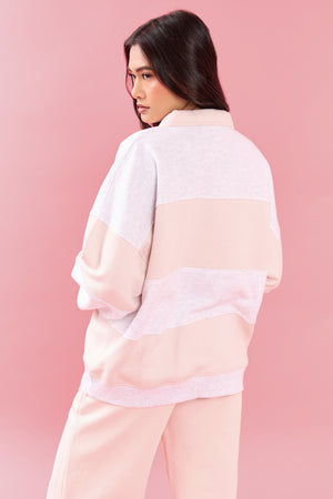 Kaiia Striped Oversized Rugby Sweatshirt Light Grey Marl & Pink Chai