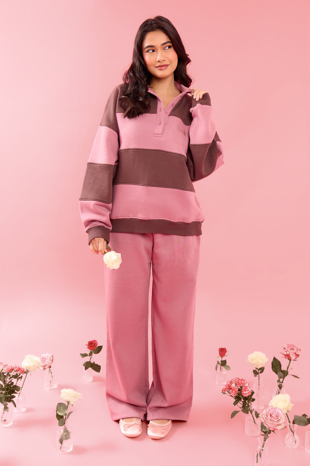 Kaiia Striped Oversized Rugby Sweatshirt Rose Latte & Cocoa Brown