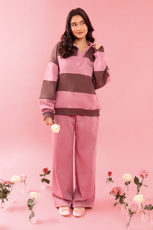 Kaiia Striped Oversized Rugby Sweatshirt Rose Latte & Cocoa Brown