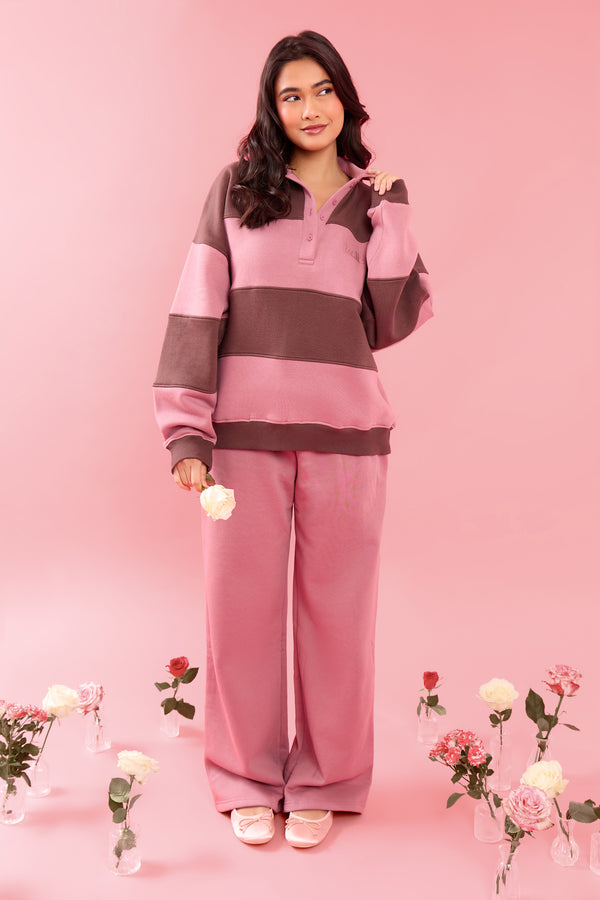 Kaiia Striped Oversized Rugby Sweatshirt Rose Latte & Cocoa Brown