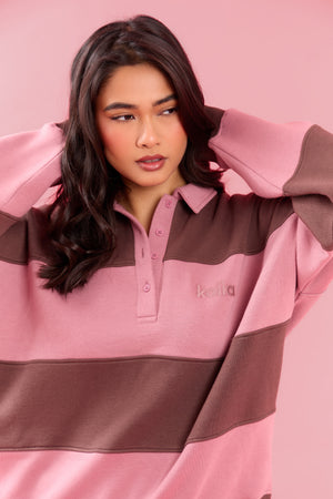 Kaiia Striped Oversized Rugby Sweatshirt Rose Latte & Cocoa Brown