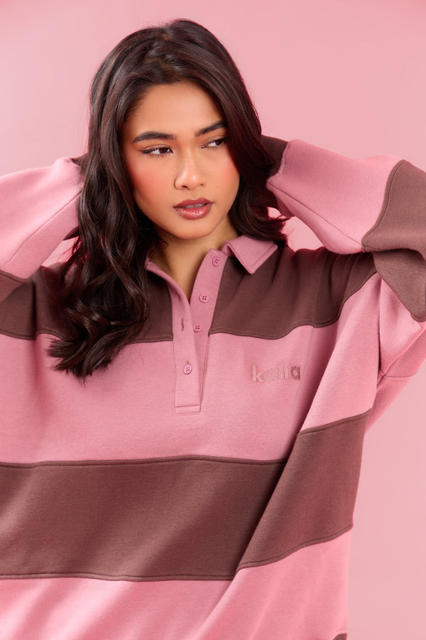Kaiia Striped Oversized Rugby Sweatshirt Rose Latte & Cocoa Brown