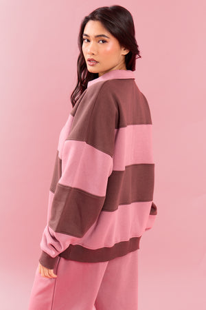 Kaiia Striped Oversized Rugby Sweatshirt Rose Latte & Cocoa Brown
