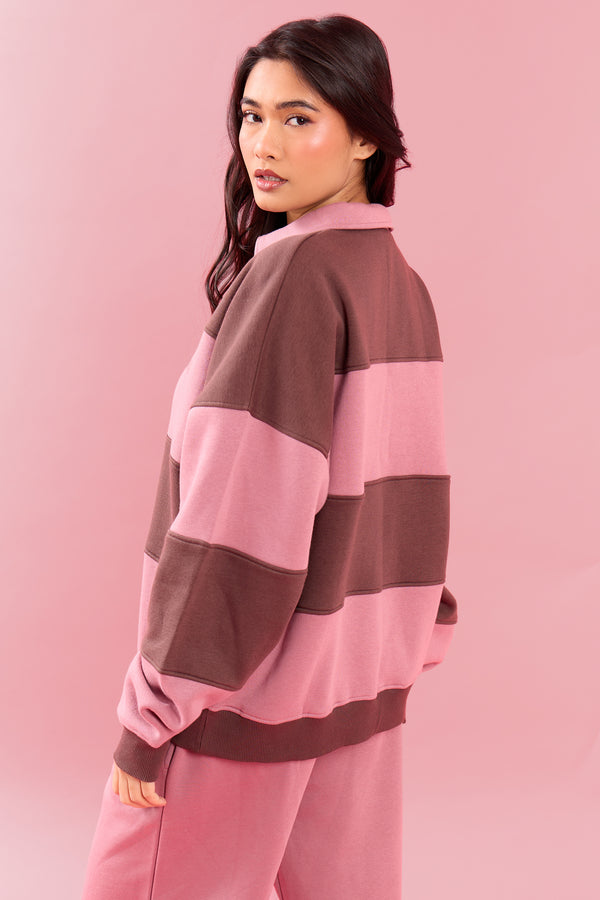 Kaiia Striped Oversized Rugby Sweatshirt Rose Latte & Cocoa Brown