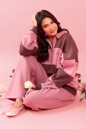 Kaiia Striped Oversized Rugby Sweatshirt Rose Latte & Cocoa Brown