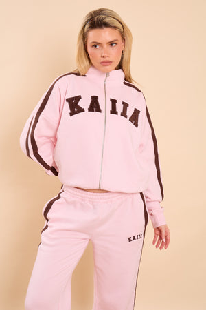 Kaiia Side Stripe Funnel Neck Zip Through Sweatshirt Pink Sugar & Espresso