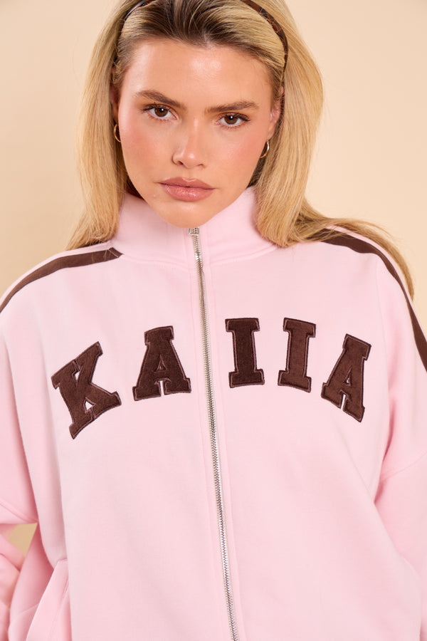 Kaiia Side Stripe Funnel Neck Zip Through Sweatshirt Pink Sugar & Espresso