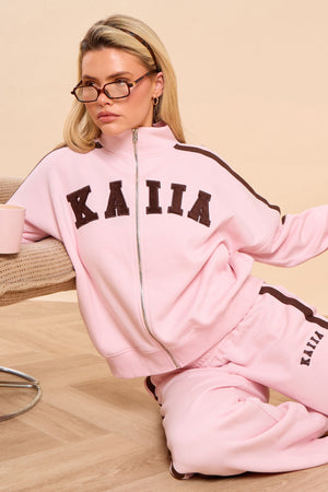 Kaiia Side Stripe Funnel Neck Zip Through Sweatshirt Pink Sugar & Espresso
