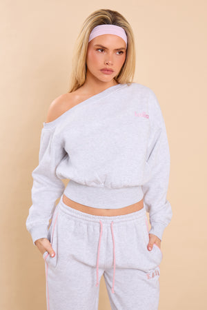 Kaiia Off the Shoulder Sweatshirt Light Grey Marl & Pink Sugar