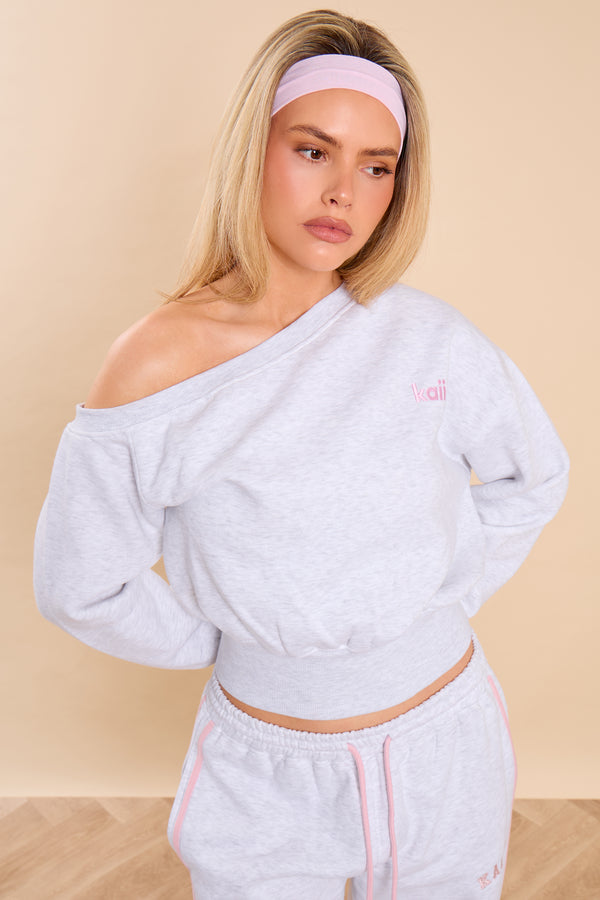 Kaiia Off the Shoulder Sweatshirt Light Grey Marl & Pink Sugar