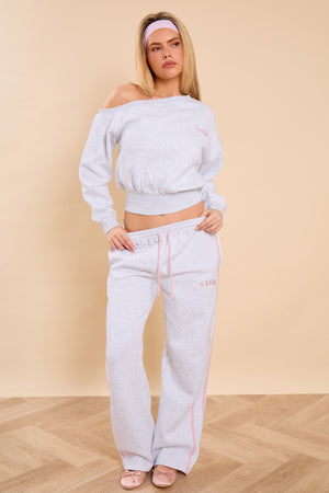 Kaiia Off the Shoulder Sweatshirt Light Grey Marl & Pink Sugar