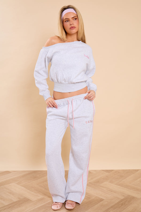 Kaiia Off the Shoulder Sweatshirt Light Grey Marl & Pink Sugar