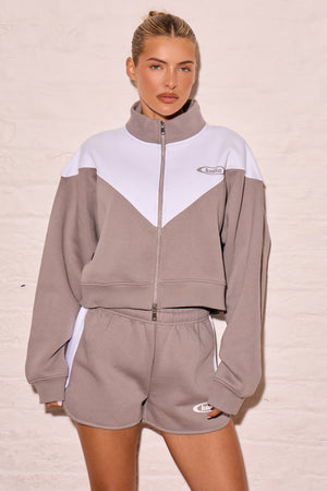Kaiia Contrast Panel Zip Through Sweatshirt Mist Grey & Cream