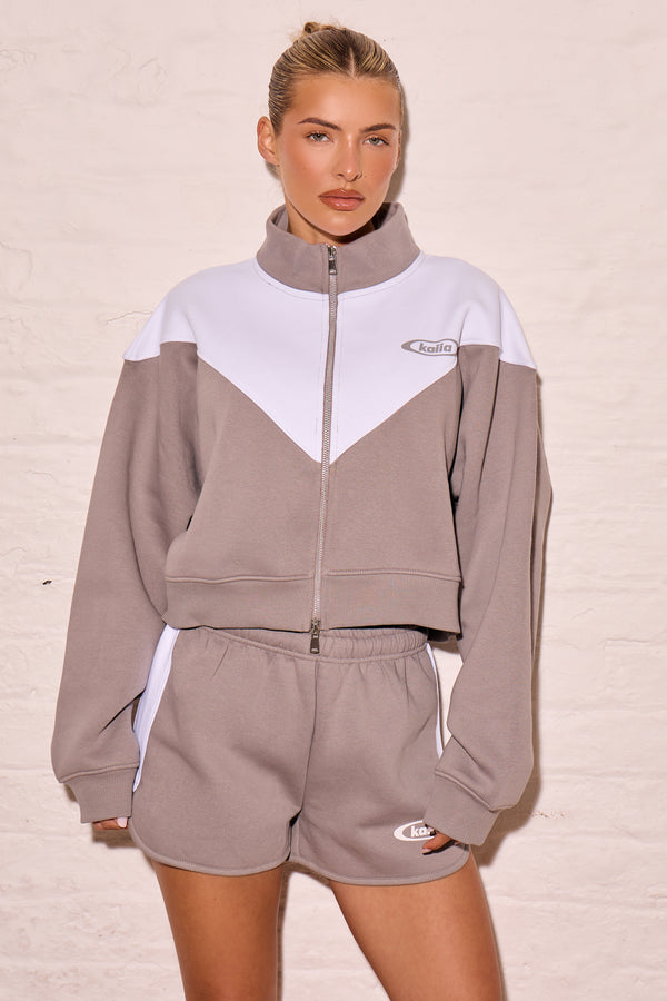 Kaiia Contrast Panel Zip Through Sweatshirt Mist Grey & Cream