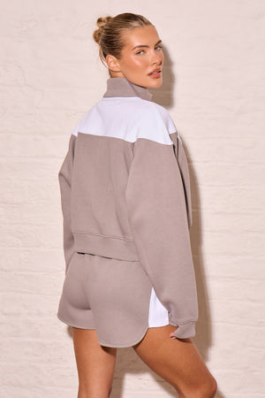 Kaiia Contrast Panel Zip Through Sweatshirt Mist Grey & Cream