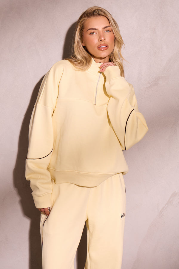 Kaiia Contrast Piping Quarter Zip Sweatshirt Lemon & Brown