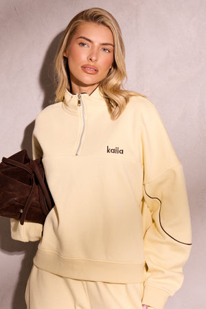 Kaiia Contrast Piping Quarter Zip Sweatshirt Lemon & Brown