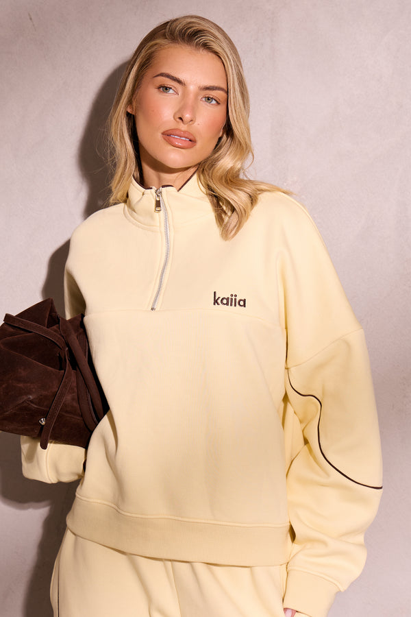 Kaiia Contrast Piping Quarter Zip Sweatshirt Lemon & Brown