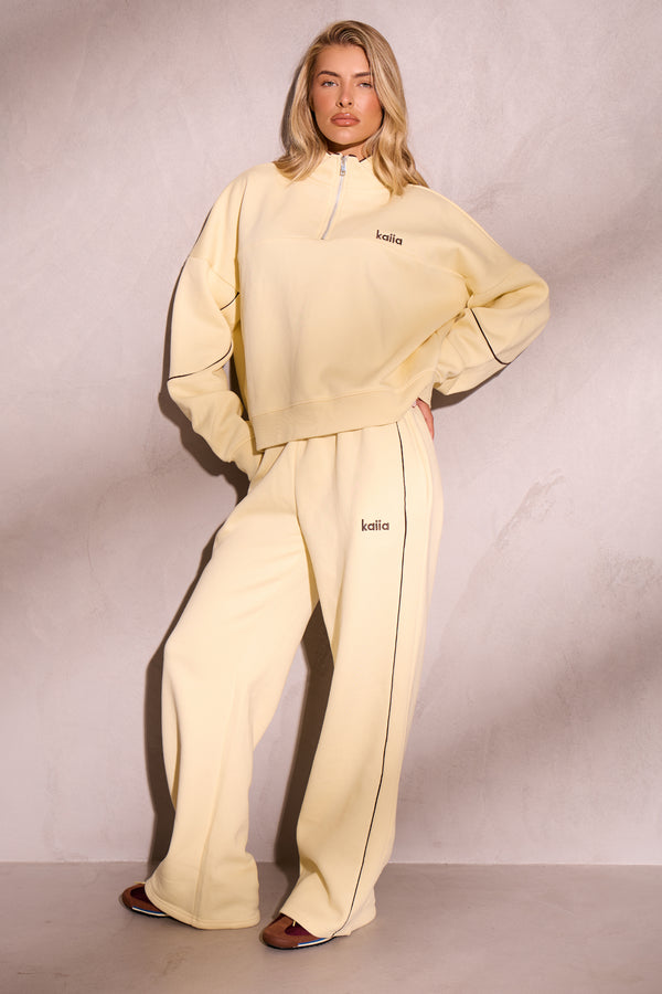 Kaiia Contrast Piping Quarter Zip Sweatshirt Lemon & Brown