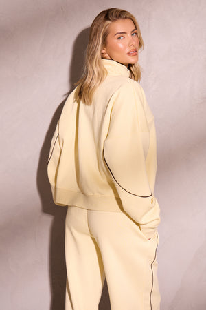Kaiia Contrast Piping Quarter Zip Sweatshirt Lemon & Brown