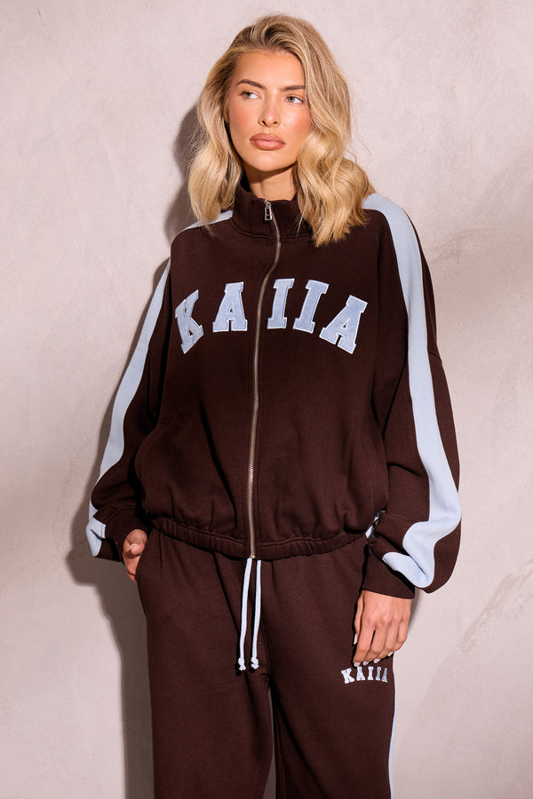 Kaiia Sport Stripe Funnel Neck Zip Through Sweatshirt Chestnut Brown & Dusty Blue