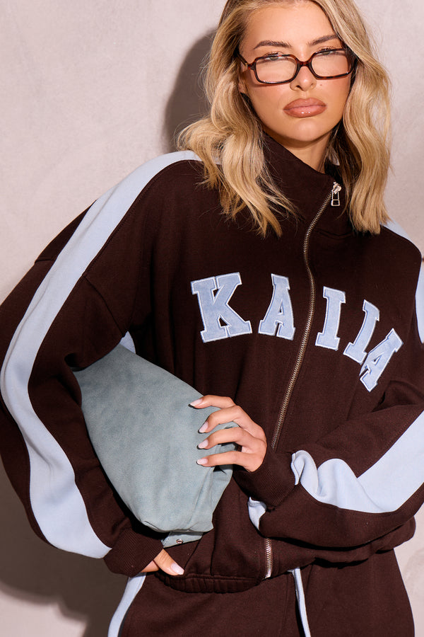 Kaiia Sport Stripe Funnel Neck Zip Through Sweatshirt Chestnut Brown & Dusty Blue