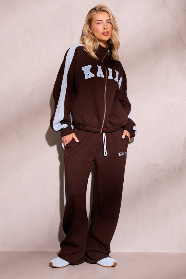 Kaiia Sport Stripe Funnel Neck Zip Through Sweatshirt Chestnut Brown & Dusty Blue
