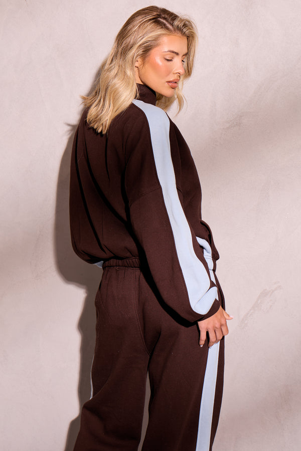 Kaiia Sport Stripe Funnel Neck Zip Through Sweatshirt Chestnut Brown & Dusty Blue