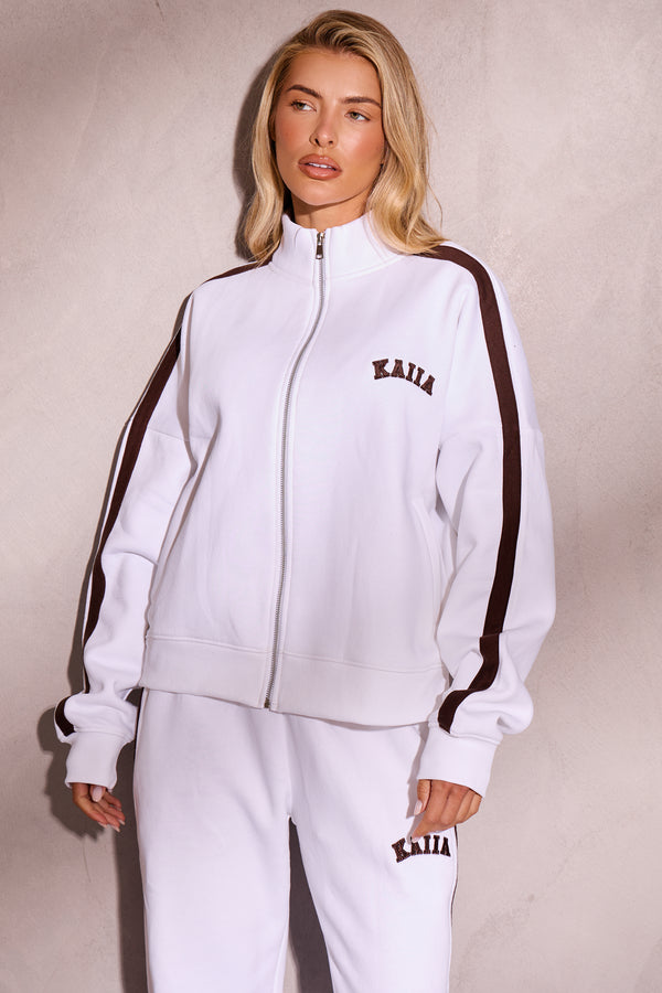 Kaiia Side Stripe Zip Through Sweatshirt Off White & Brown