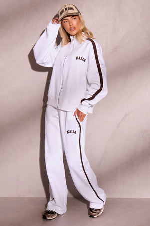 Kaiia Side Stripe Zip Through Sweatshirt Off White & Brown