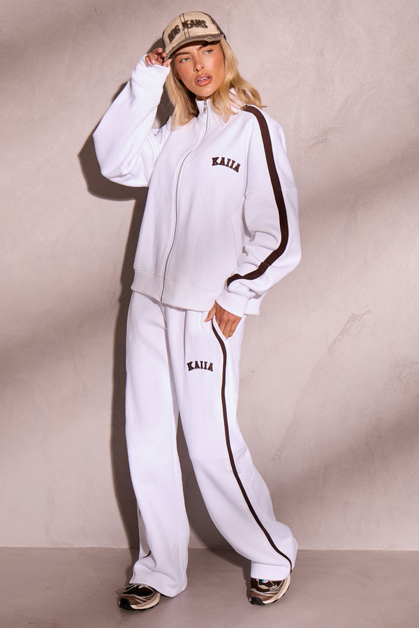 Kaiia Side Stripe Zip Through Sweatshirt Off White & Brown