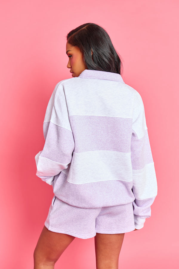 Kaiia Striped Oversized Rugby Sweatshirt Light Grey Marl & Lilac Marl