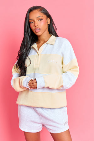Kaiia Striped Oversized Rugby Sweatshirt Light Grey Marl & Lemon Frosting