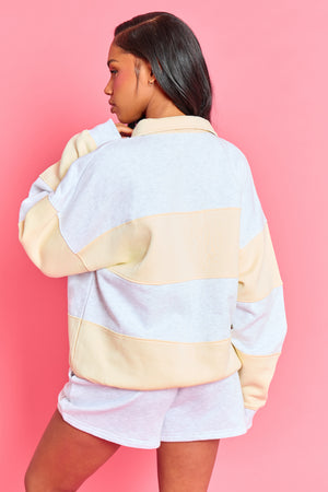 Kaiia Striped Oversized Rugby Sweatshirt Light Grey Marl & Lemon Frosting