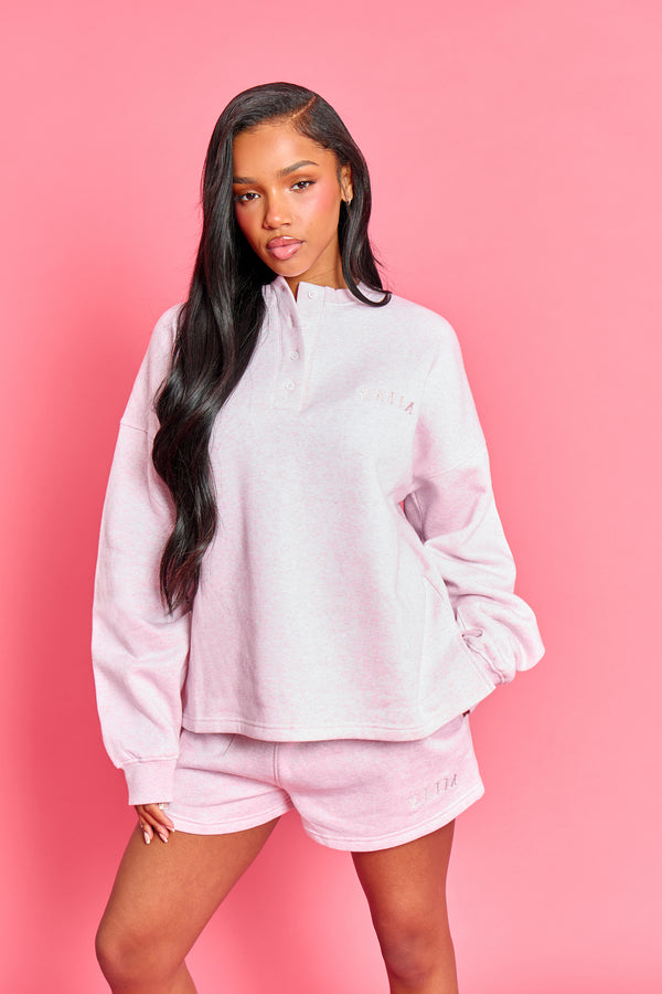 Kaiia Henley Style Button Up Sweatshirt Baby Pink Marl