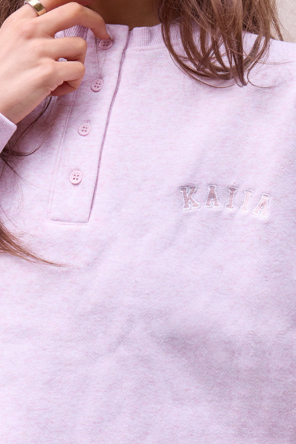 Kaiia Henley Style Button Up Sweatshirt Baby Pink Marl